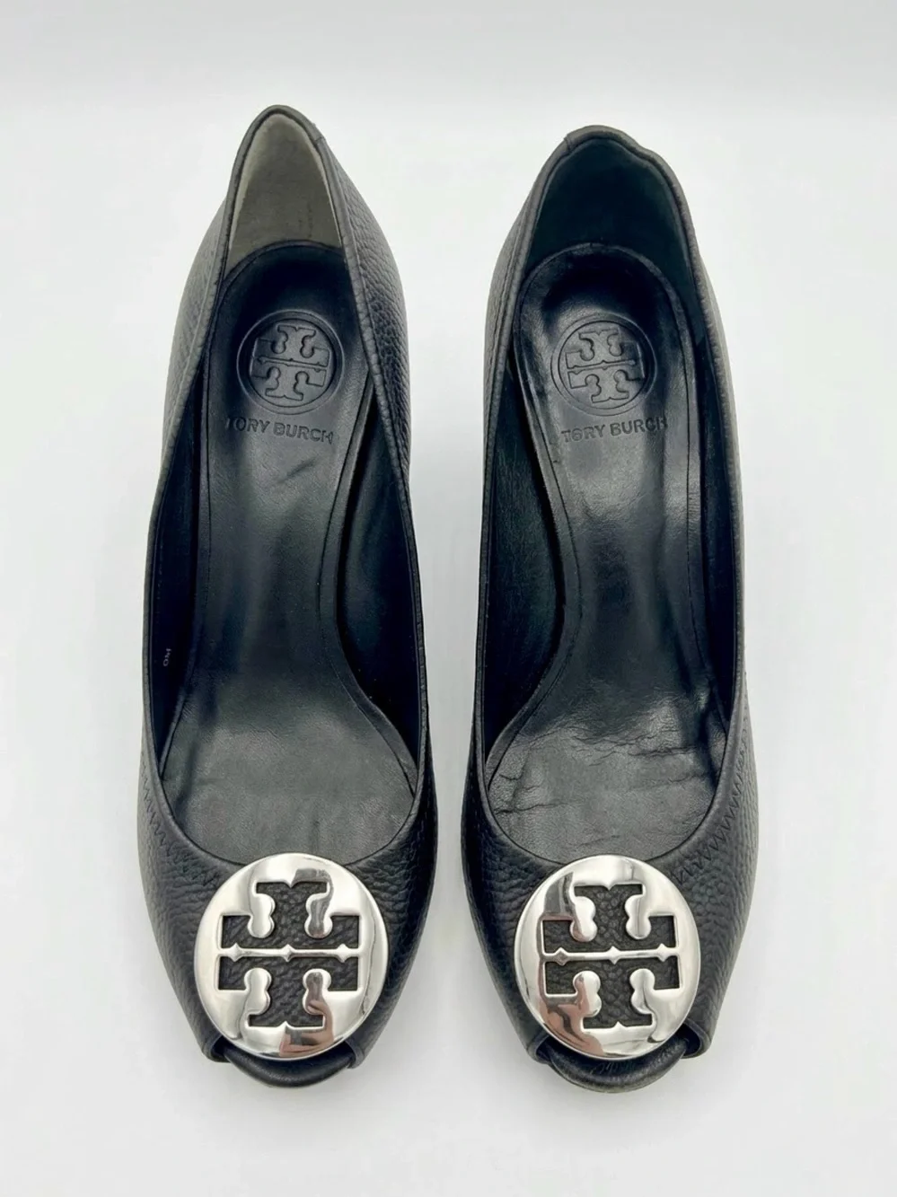 Tory Burch Sally Wedge Pumps in Black Tumbled / Pebbled Leather- 8M
